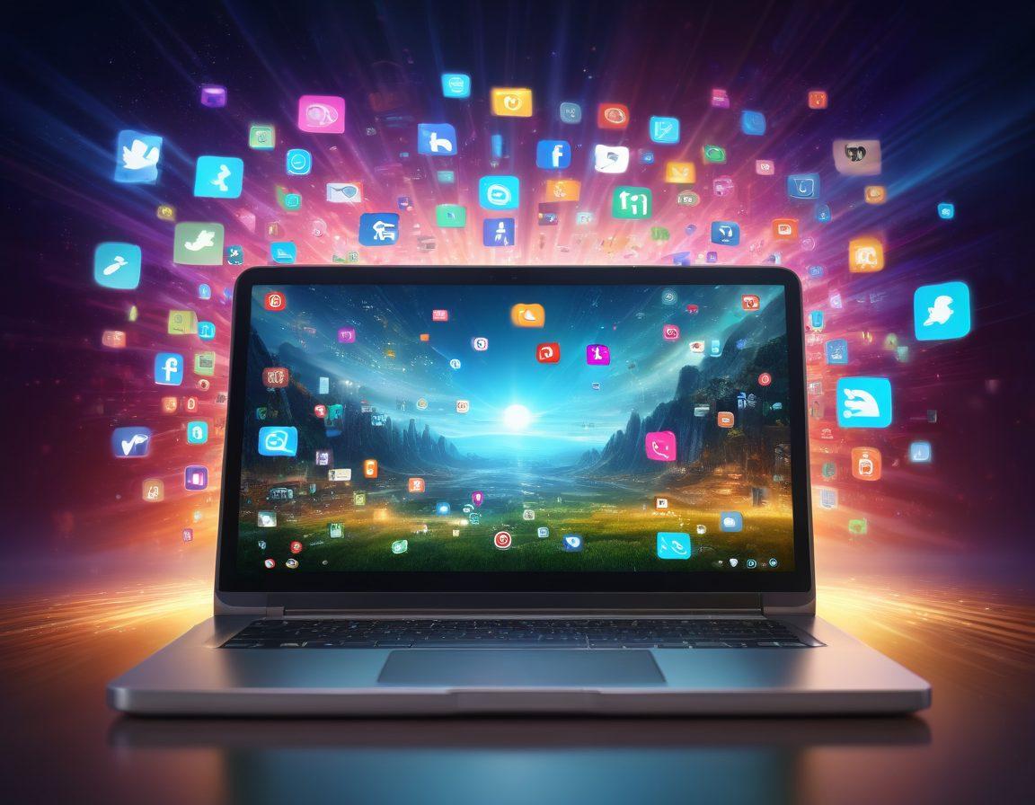 A dynamic and imaginative scene showcasing an open laptop surrounded by vibrant icons of social media, storytelling, and creativity, with an ethereal digital landscape in the background symbolizing the limitless potential of digital storytelling. Light beams radiate from the screen, illuminating the surrounding elements. super-realistic. vibrant colors. 3D.