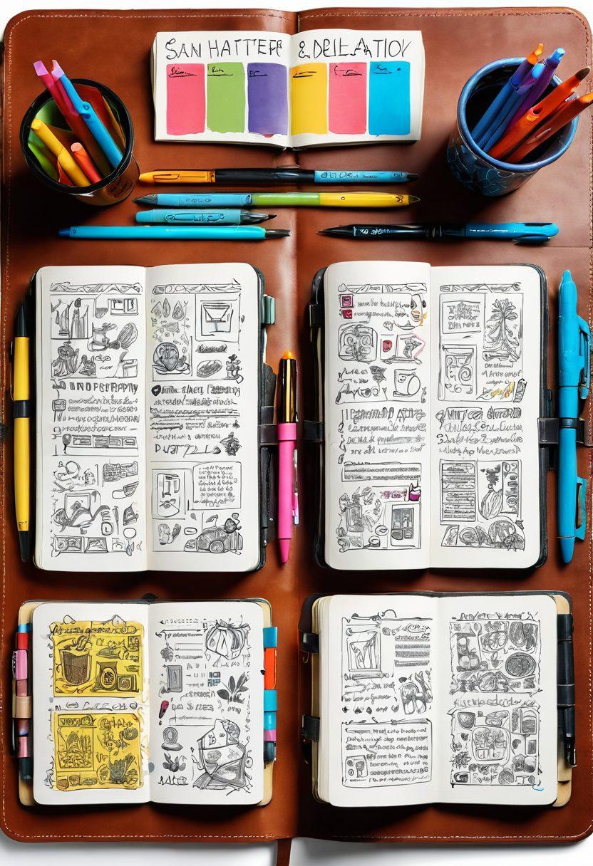 A vibrant split-screen design showcasing a traditional leather-bound journal on one side, filled with handwritten notes and doodles, and on the other side, a glowing digital tablet displaying colorful, animated entries and interactive features. Include elements of creativity like paintbrushes and digital icons floating around, representing content creation. Super-realistic. Vibrant colors. White background.