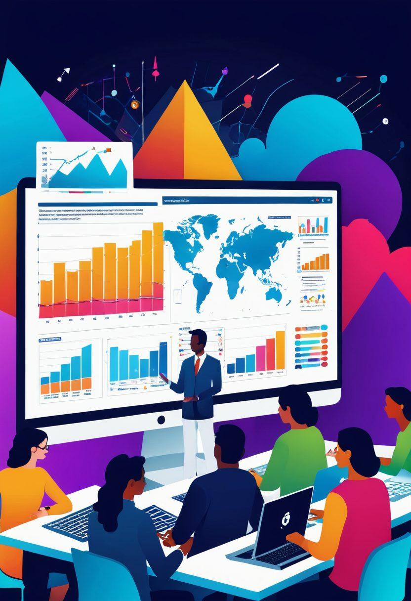 A dynamic illustration portraying a diverse group of professionals engaged in statistical analysis and communication. In the center, a large digital screen displays colorful graphs and charts, while individuals discuss ideas animatedly around a laptop. The background features abstract representations of online publishing icons like articles, blogs, and social media platforms, symbolizing content distribution. The scene is vibrant, emphasizing teamwork and innovation in digital communication. vector art. vibrant colors. modern design.